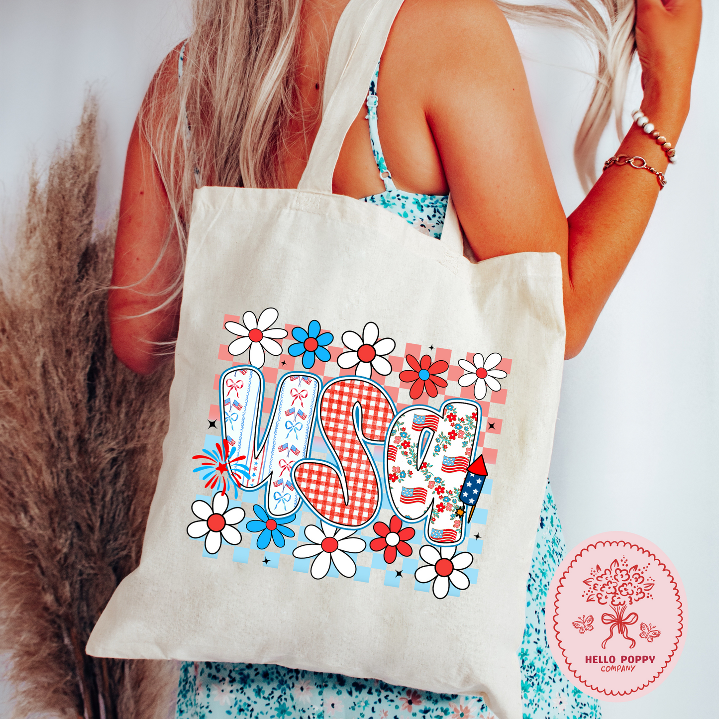 Coquette Floral Checkered USA 4th of July Canvas Tote Bag