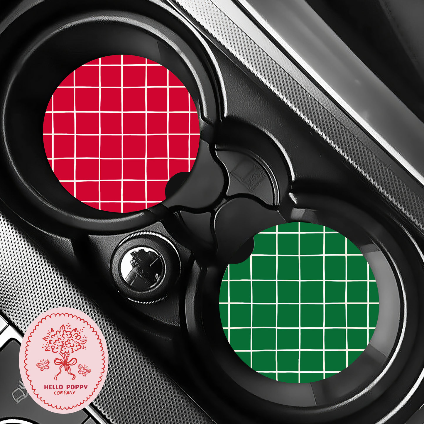 Merry Grid Christmas Car Coasters | Set of 2