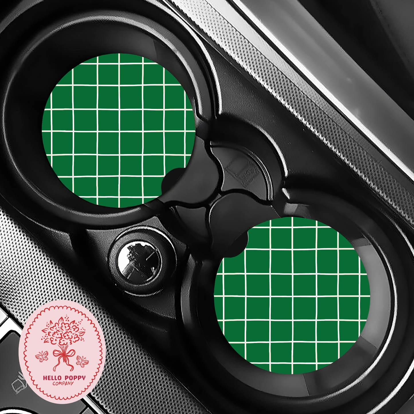 Evergreen Grid Christmas Car Coasters | Set of 2