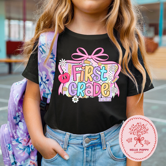First Grade School Days Coquette Bow T-Shirt - Youth