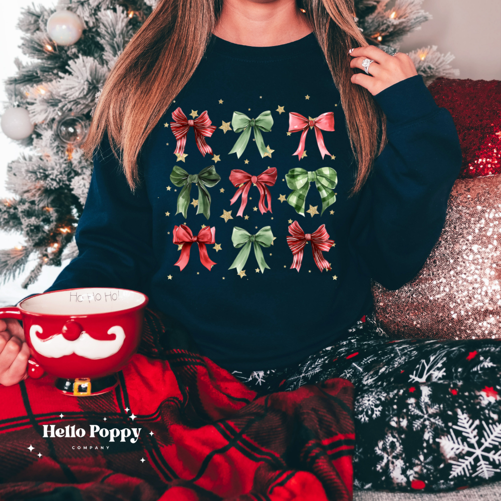 Christmas Bow Gold Stars Coquette Collage Crewneck Sweatshirt