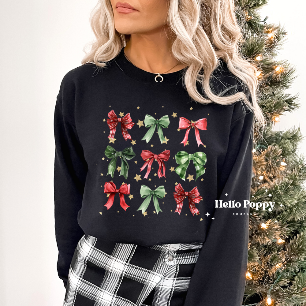 Christmas Bow Gold Stars Coquette Collage Crewneck Sweatshirt