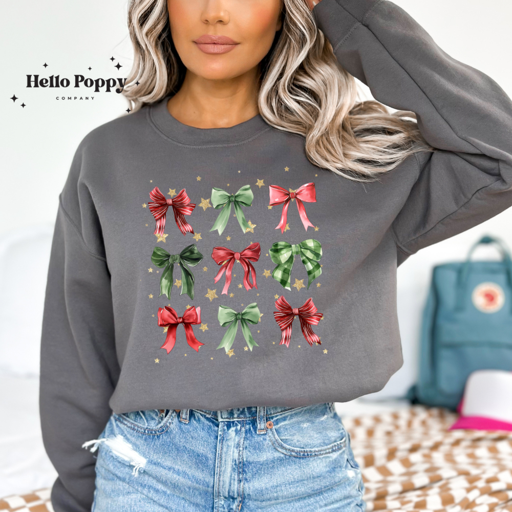 Christmas Bow Gold Stars Coquette Collage Crewneck Sweatshirt