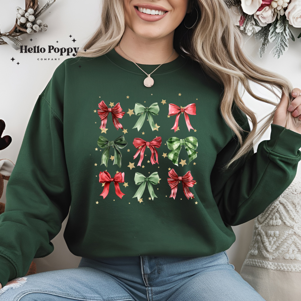 Christmas Bow Gold Stars Coquette Collage Crewneck Sweatshirt