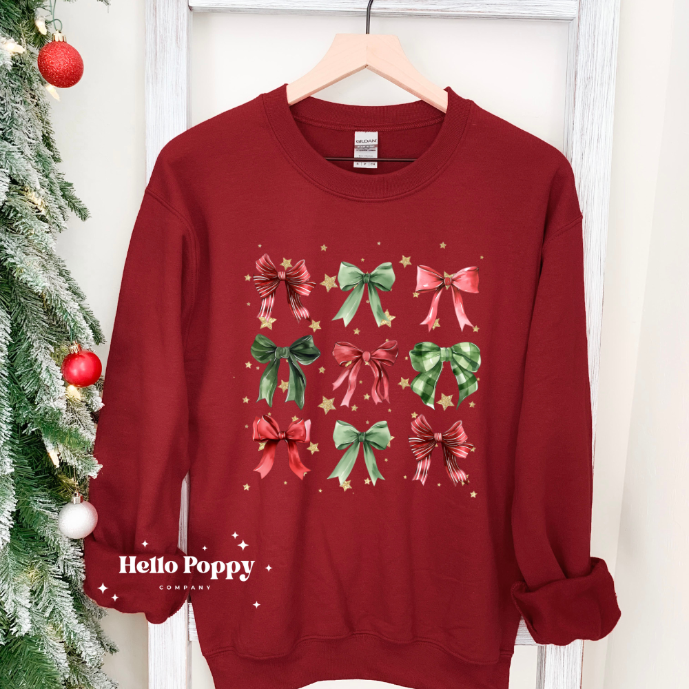 Christmas Bow Gold Stars Coquette Collage Crewneck Sweatshirt