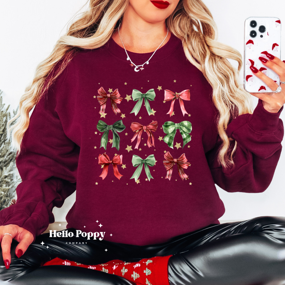 Christmas Bow Gold Stars Coquette Collage Crewneck Sweatshirt