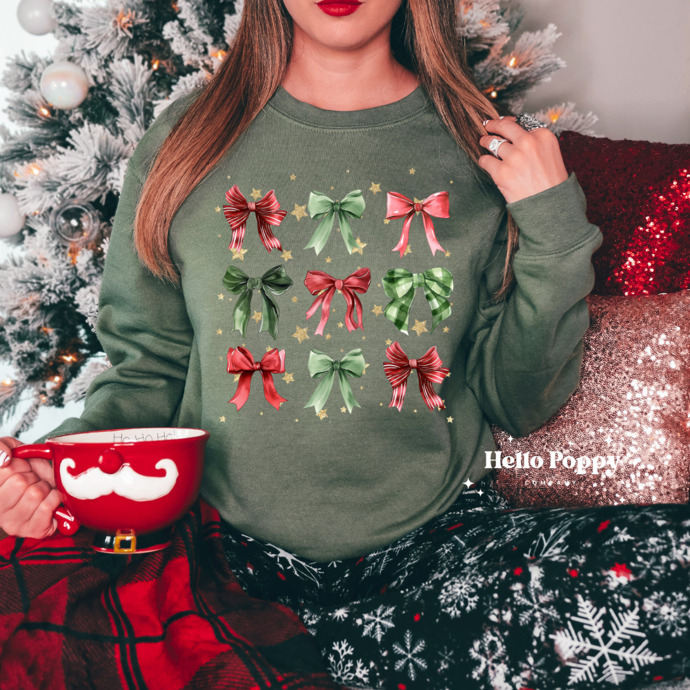 Christmas Bow Gold Stars Coquette Collage Crewneck Sweatshirt