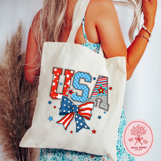 USA Coquette Bow July 4th Canvas Tote Bag