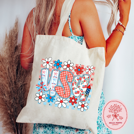 Coquette Floral Checkered USA 4th of July Canvas Tote Bag