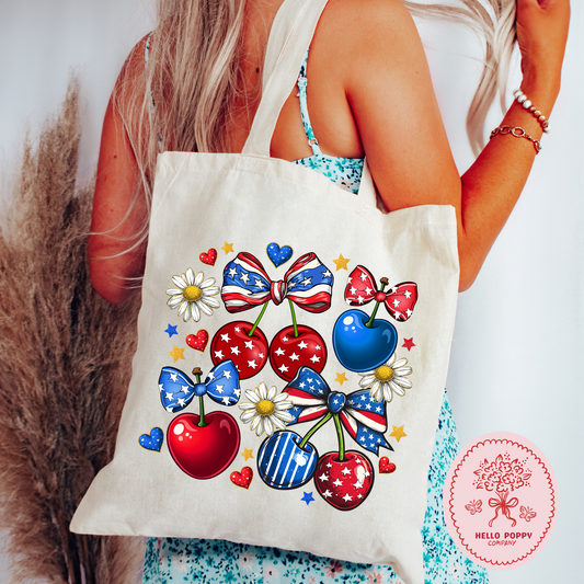 4th of July Retro Coquette Cherries Canvas Tote Bag