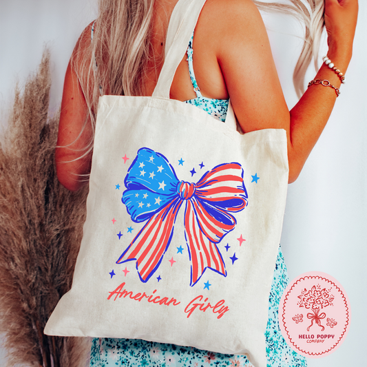 American Girly 4th of July Coquette American Flag Bow Canvas Tote Bag