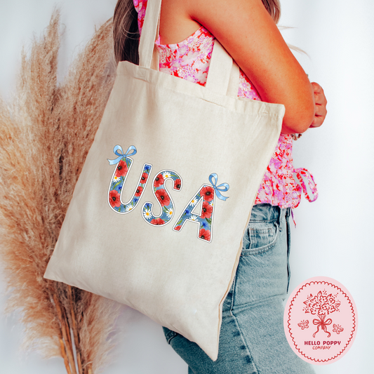 USA Coquette Floral Poppies Canvas Tote Bag